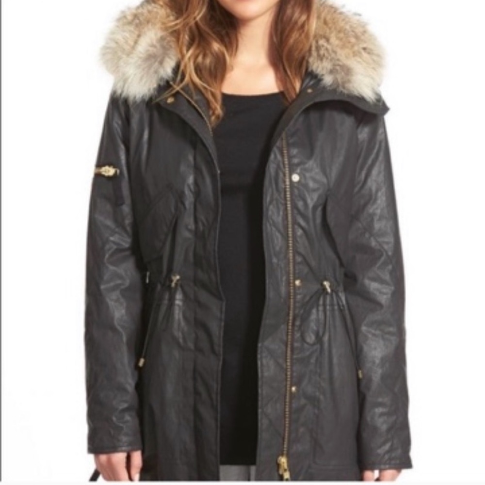 SAM. NYC DESIGNER PARKA JACKET COAT WAIST CINCH COAT WINTER COAT COYOTE FUR S